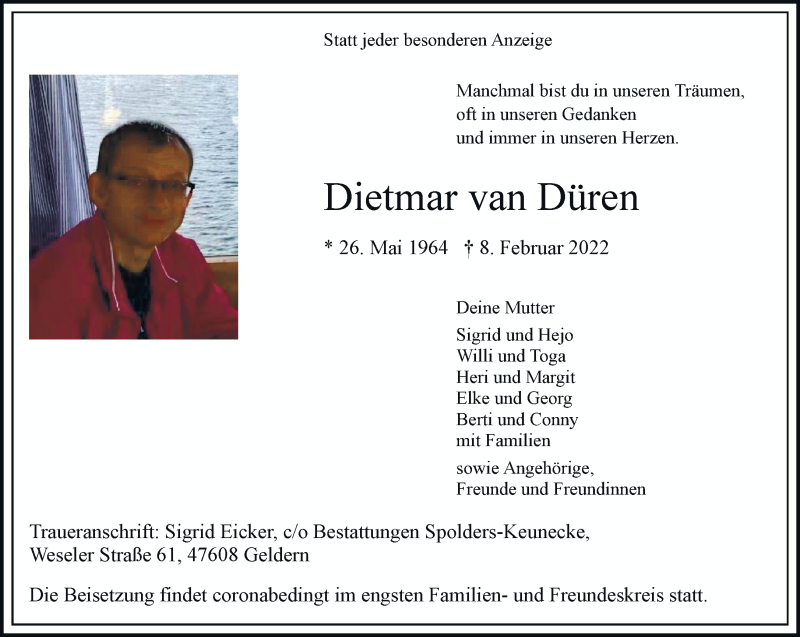  Traueranzeige für Dietmar van Düren vom 19.02.2022 aus Rheinische Post