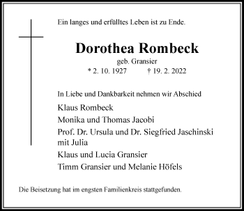 Traueranzeige von Dorothea Rombeck von Rheinische Post