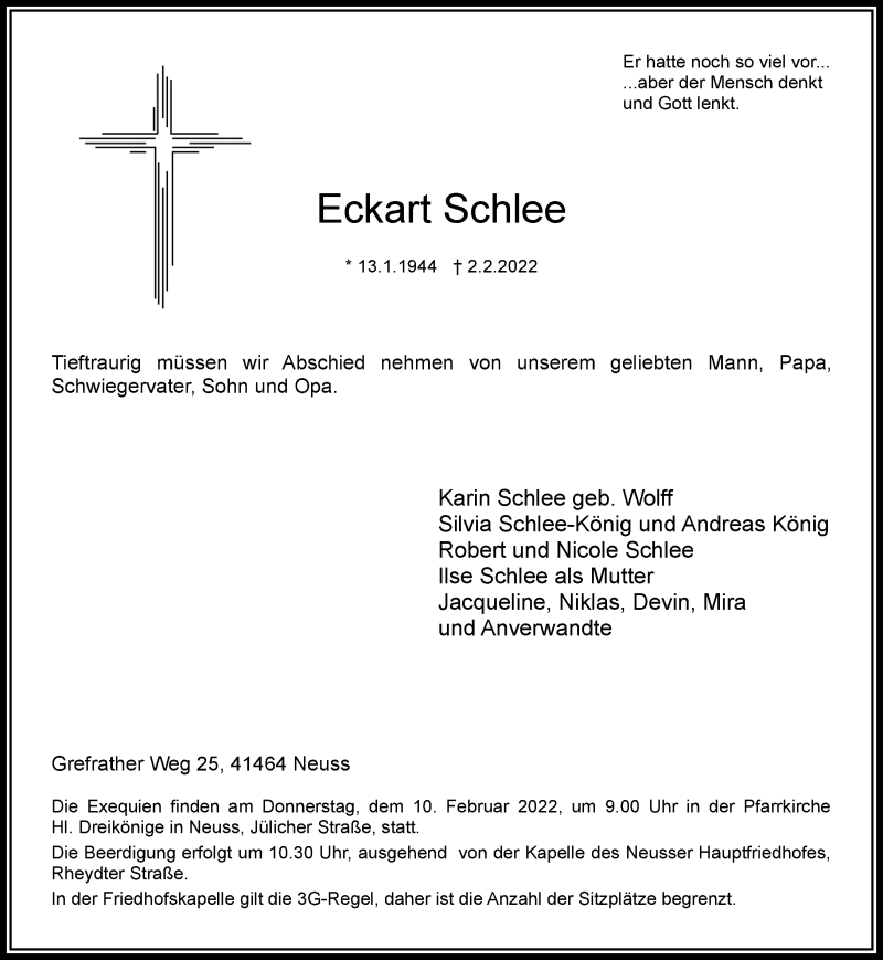  Traueranzeige für Eckart Schlee vom 05.02.2022 aus Rheinische Post