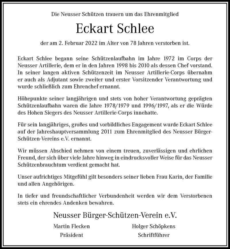  Traueranzeige für Eckart Schlee vom 09.02.2022 aus Rheinische Post