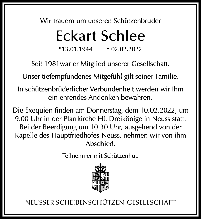  Traueranzeige für Eckart Schlee vom 09.02.2022 aus Rheinische Post