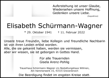 Traueranzeige von Elisabeth Schürmann-Wagner von Rheinische Post