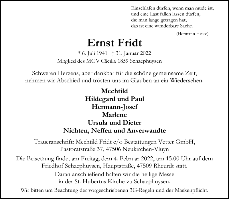  Traueranzeige für Ernst Fridt vom 02.02.2022 aus Rheinische Post