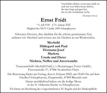 Traueranzeige von Ernst Fridt von Rheinische Post