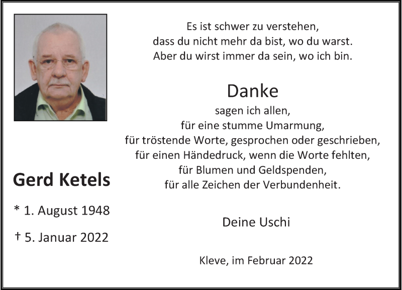  Traueranzeige für Gerd Ketels vom 12.02.2022 aus Rheinische Post