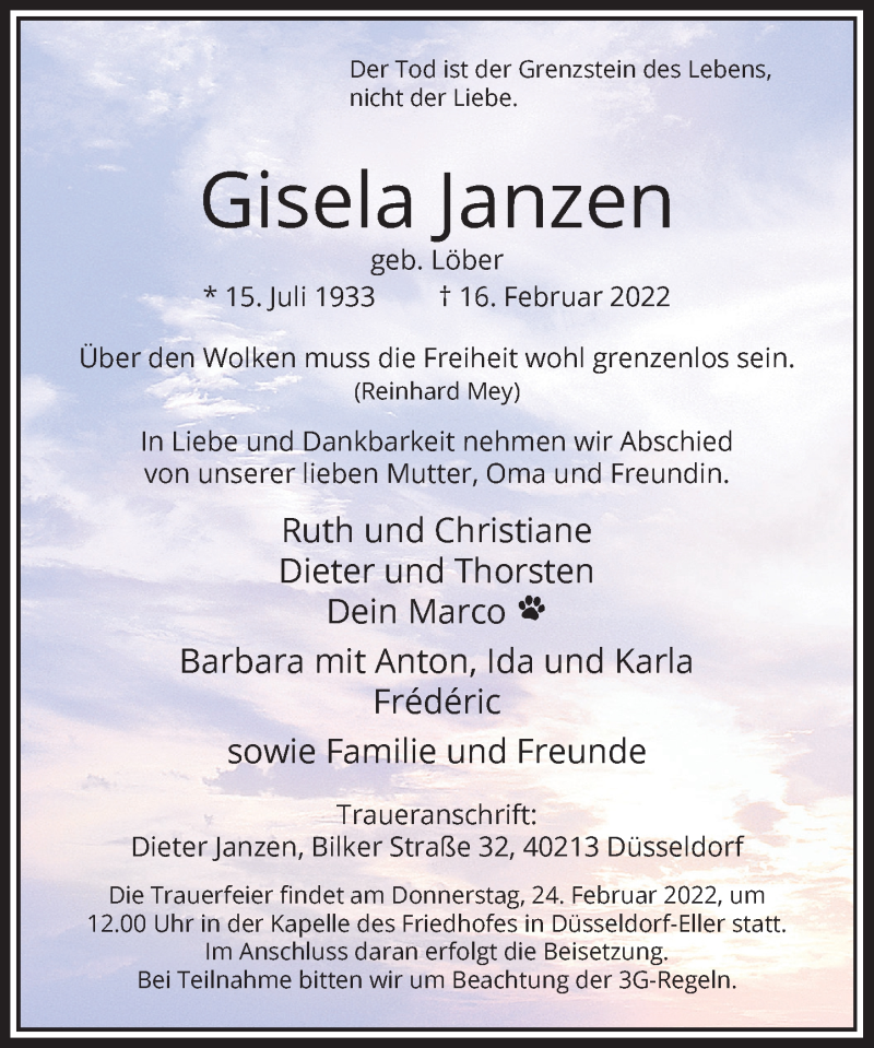  Traueranzeige für Gisela Janzen vom 19.02.2022 aus Rheinische Post