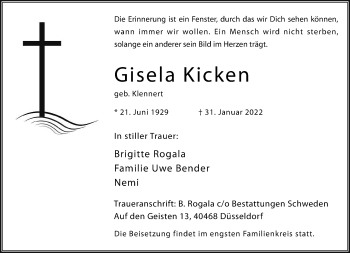 Traueranzeige von Gisela Kicken von Rheinische Post