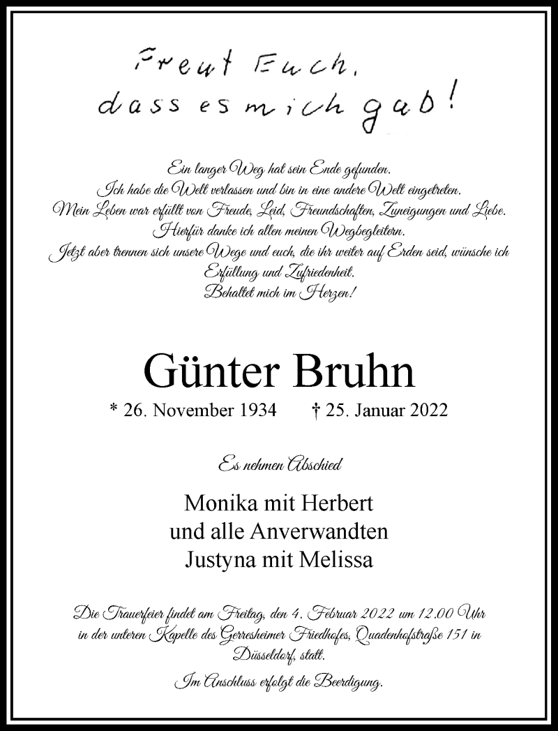  Traueranzeige für Günter Bruhn vom 02.02.2022 aus Rheinische Post
