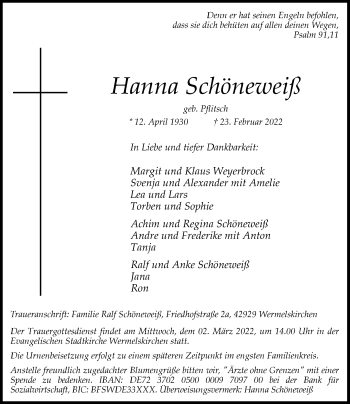 Traueranzeige von Hanna Schöneweiß von Rheinische Post