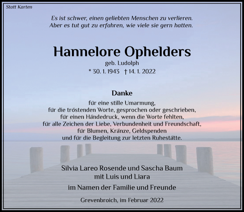  Traueranzeige für Hannelore Ophelders vom 19.02.2022 aus Rheinische Post