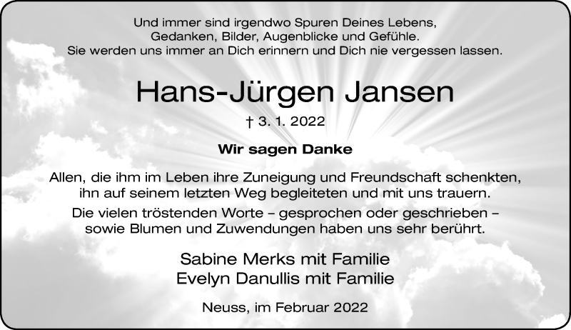  Traueranzeige für Hans-Jürgen Jansen vom 26.02.2022 aus Rheinische Post