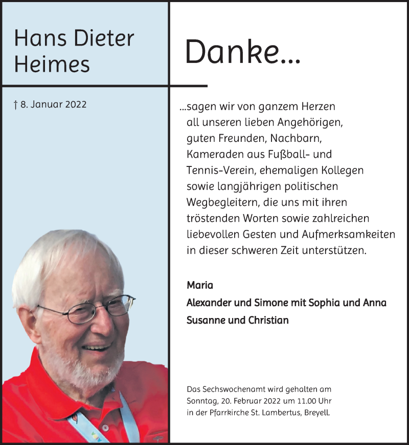  Traueranzeige für Hans Dieter Heimes vom 15.02.2022 aus Rheinische Post