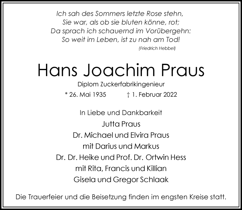  Traueranzeige für Hans Joachim Praus vom 05.02.2022 aus Rheinische Post