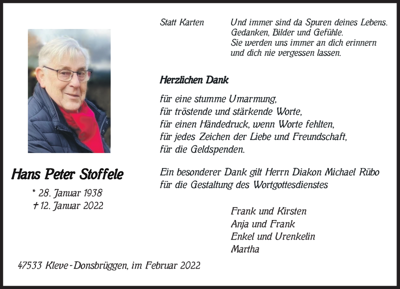  Traueranzeige für Hans Peter Stoffele vom 19.02.2022 aus Rheinische Post