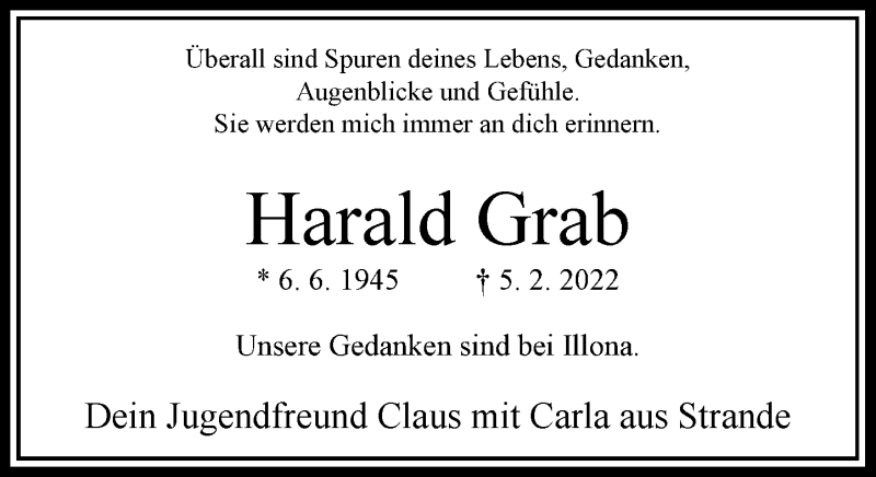  Traueranzeige für Harald Grab vom 24.02.2022 aus Rheinische Post