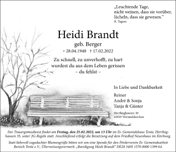 Traueranzeige von Heidi Brandt von Rheinische Post