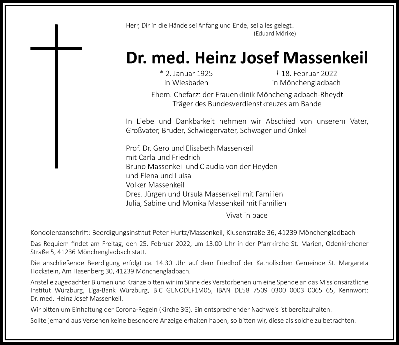  Traueranzeige für Heinz Josef Massenkeil vom 23.02.2022 aus Rheinische Post