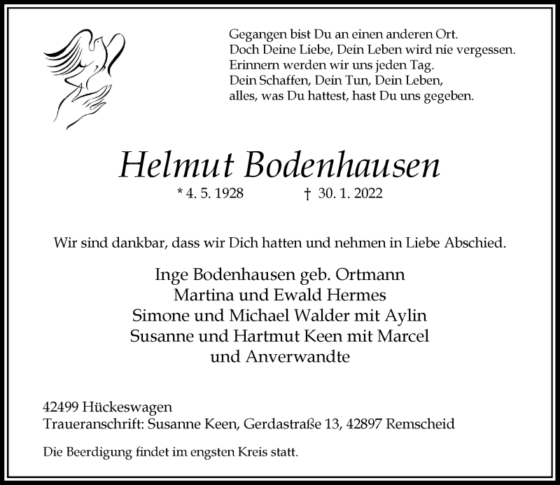  Traueranzeige für Helmut Bodenhausen vom 05.02.2022 aus Rheinische Post