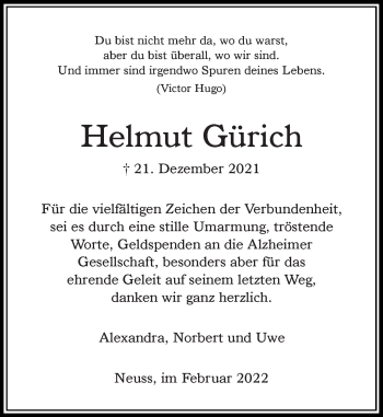 Traueranzeige von Helmut Gürich von Rheinische Post