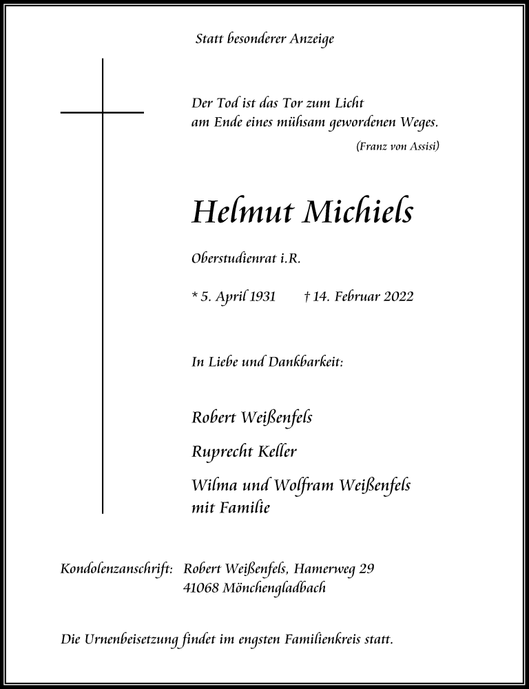  Traueranzeige für Helmut Michiels vom 26.02.2022 aus Rheinische Post