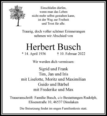 Traueranzeige von Herbert Busch von Rheinische Post