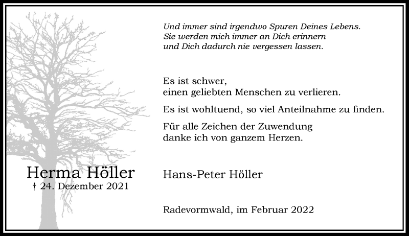  Traueranzeige für Herma Höller vom 12.02.2022 aus Rheinische Post