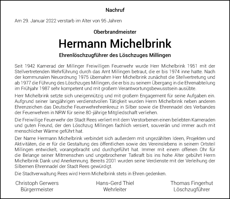  Traueranzeige für Hermann Michelbrink vom 02.02.2022 aus Rheinische Post