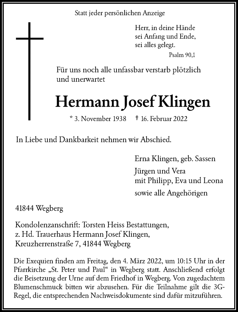 Traueranzeige für Hermann Josef Klingen vom 26.02.2022 aus Rheinische Post