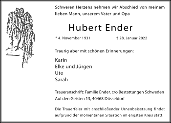 Traueranzeige von Hubert Ender von Rheinische Post