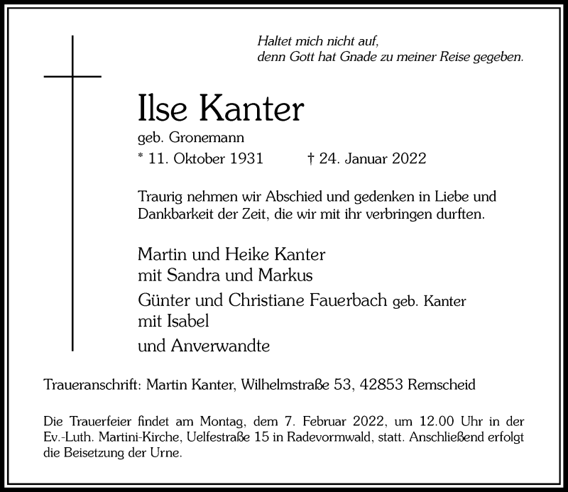  Traueranzeige für Ilse Kanter vom 01.02.2022 aus Rheinische Post