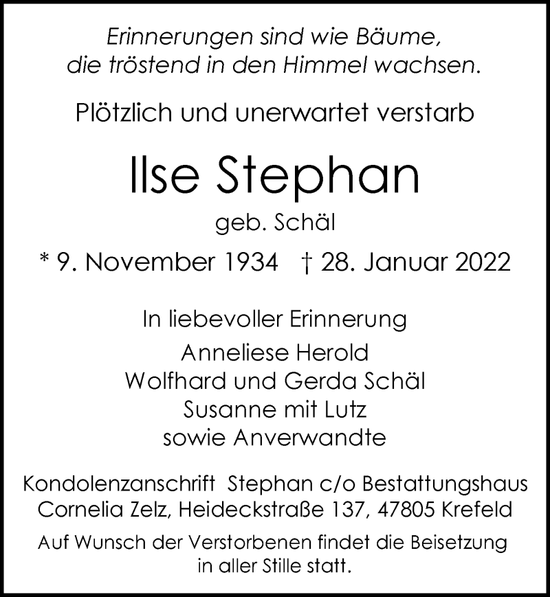  Traueranzeige für Ilse Stephan vom 05.02.2022 aus Rheinische Post