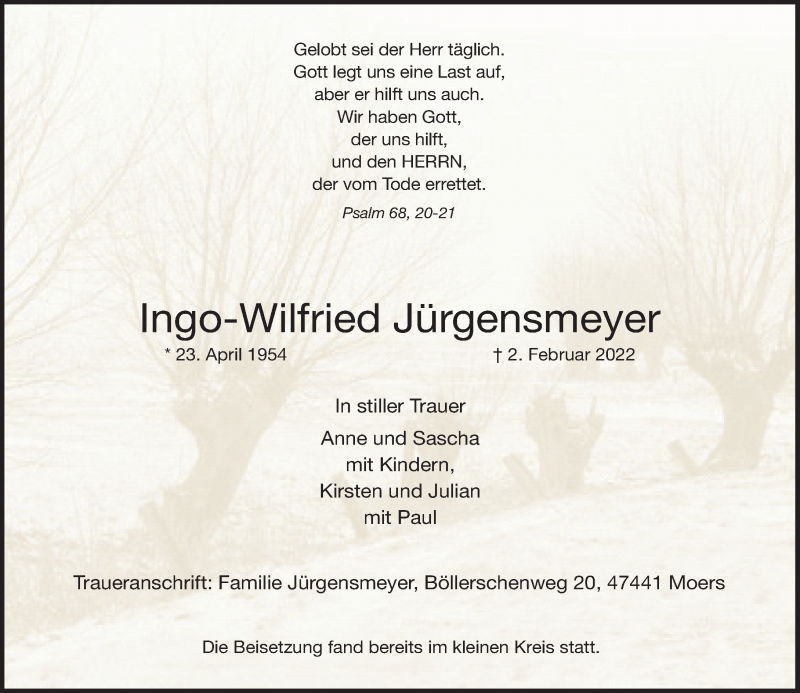  Traueranzeige für Ingo-Wilfried Jürgensmeyer vom 19.02.2022 aus Rheinische Post