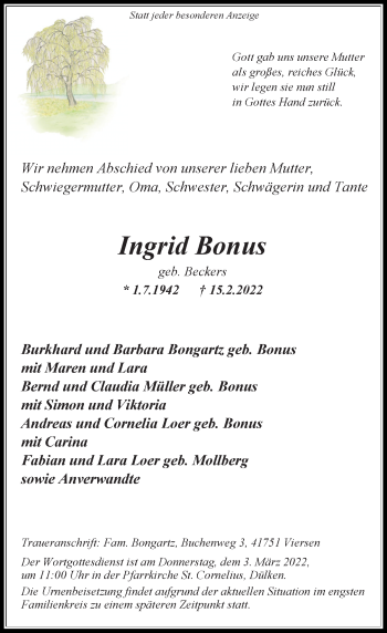 Traueranzeige von Ingrid Bonus von Rheinische Post