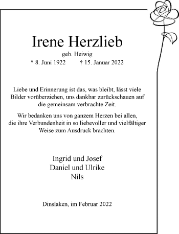 Traueranzeige von Irene Herzlieb von Rheinische Post
