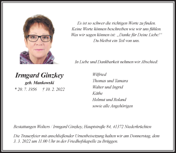 Traueranzeige von Irmgard Ginzkey von Rheinische Post