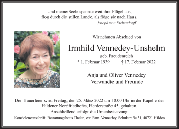 Traueranzeige von Irmhild Vennedey-Unshelm von Rheinische Post