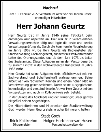 Traueranzeige von Johann Geurtz von Rheinische Post