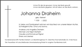 Traueranzeige von Johanna Draheim von Rheinische Post