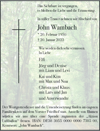 Traueranzeige von John Wambach von Rheinische Post