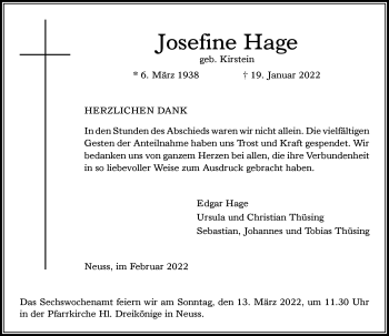 Traueranzeige von Josefine Hage von Rheinische Post