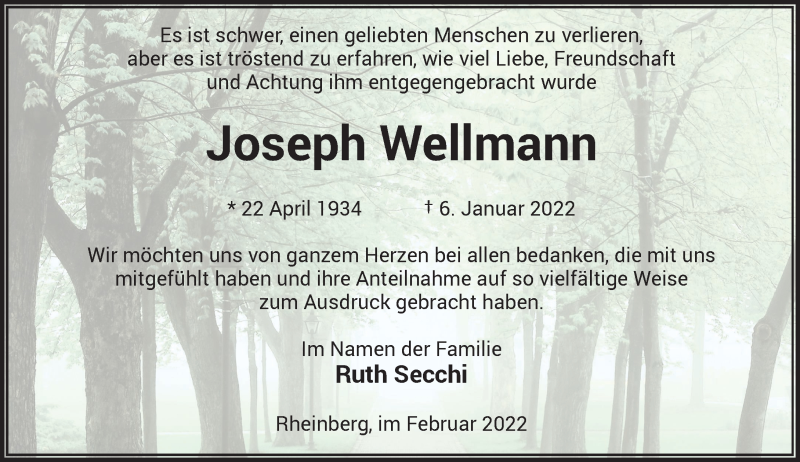  Traueranzeige für Joseph Wellmann vom 23.02.2022 aus Rheinische Post