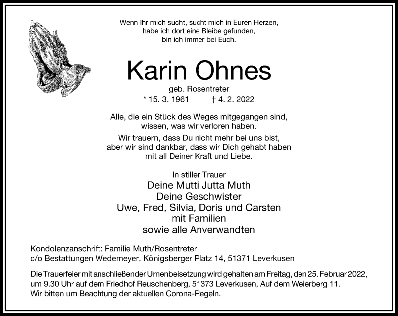  Traueranzeige für Karin Ohnes vom 22.02.2022 aus Rheinische Post