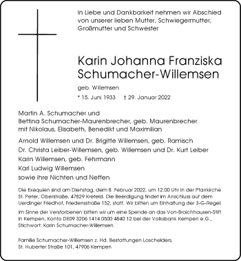 Traueranzeige von Karin Johanna Franziska Schumacher-Willemsen von Rheinische Post