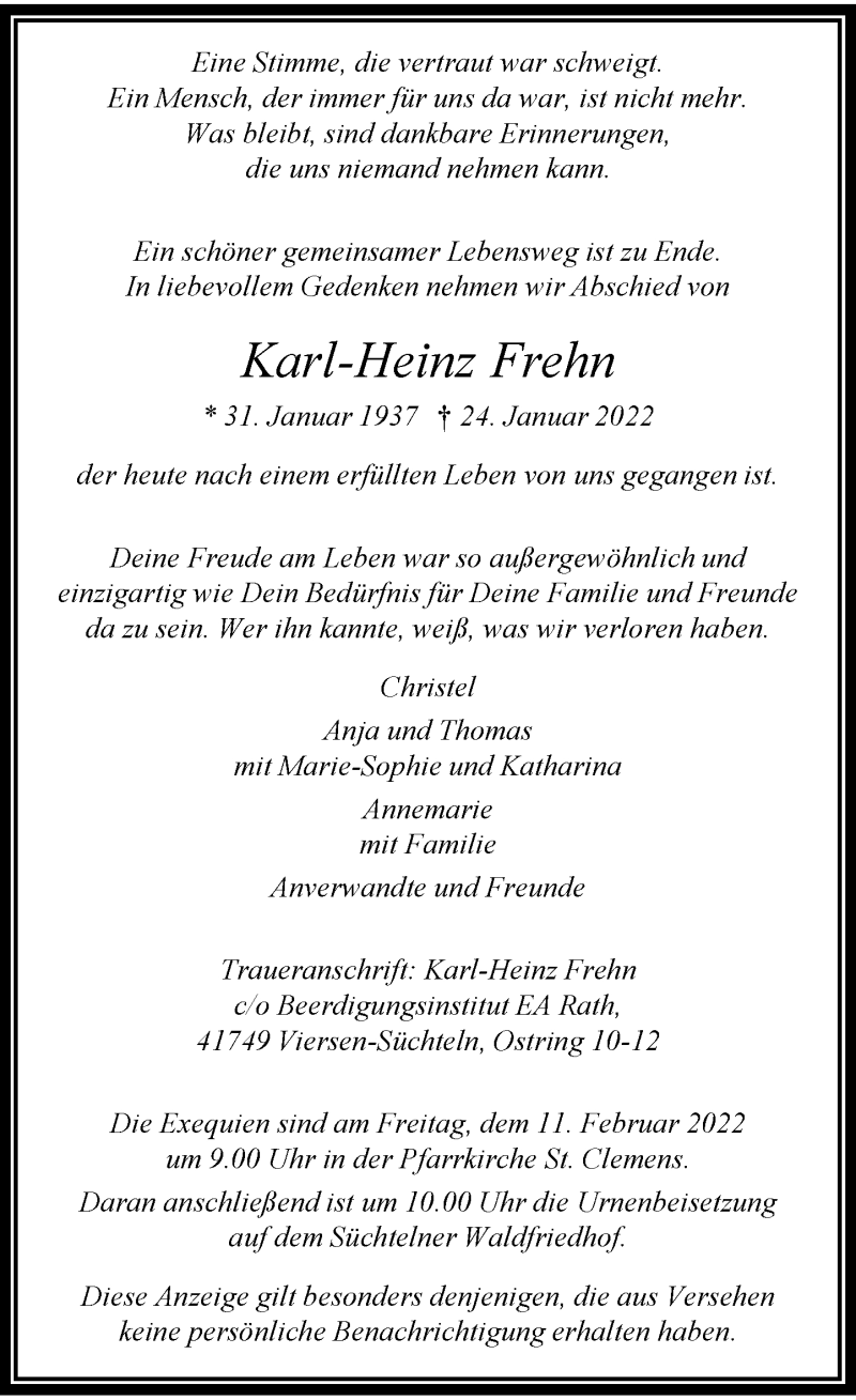  Traueranzeige für Karl-Heinz Frehn vom 05.02.2022 aus Rheinische Post
