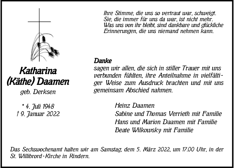  Traueranzeige für Katharina Daamen vom 26.02.2022 aus Rheinische Post