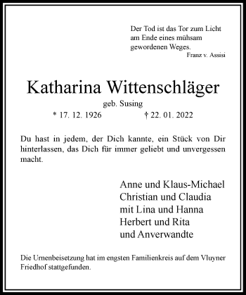 Traueranzeige von Katharina Wittenschläger von Rheinische Post