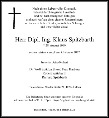 Traueranzeige von Klaus Spitzbarth von Rheinische Post