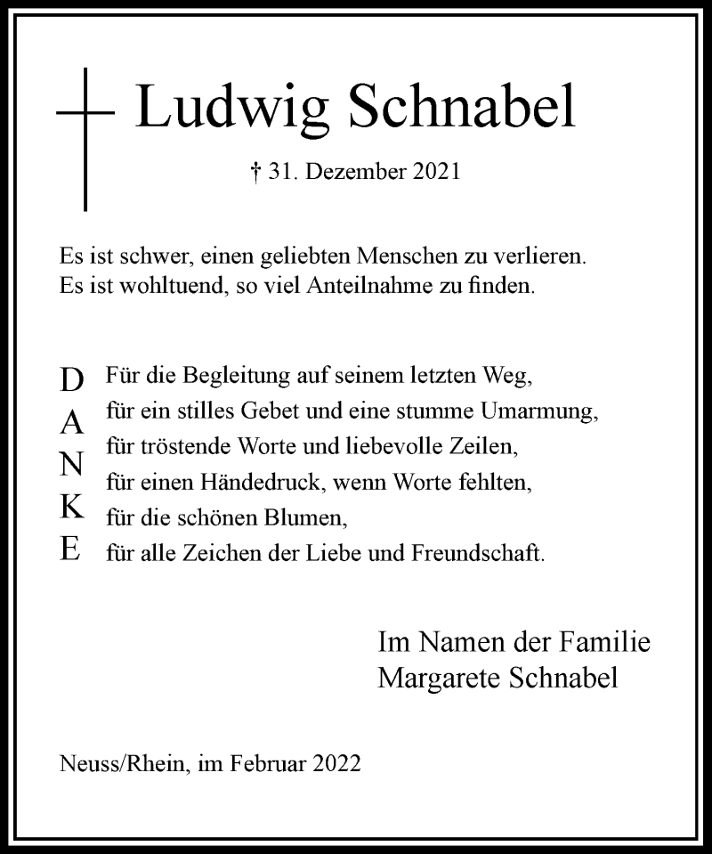 Traueranzeige für Ludwig Schnabel vom 26.02.2022 aus Rheinische Post