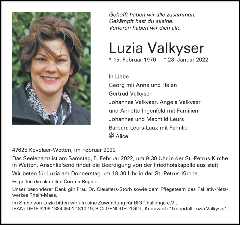  Traueranzeige für Luzia Valkyser vom 01.02.2022 aus Rheinische Post