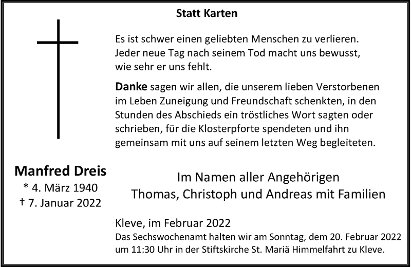  Traueranzeige für Manfred Dreis vom 17.02.2022 aus Rheinische Post